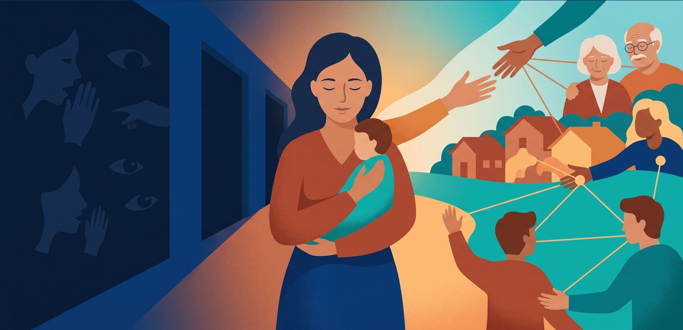 Ilustración de portada: una madre acompañada, del estigma a la red comunitaria
